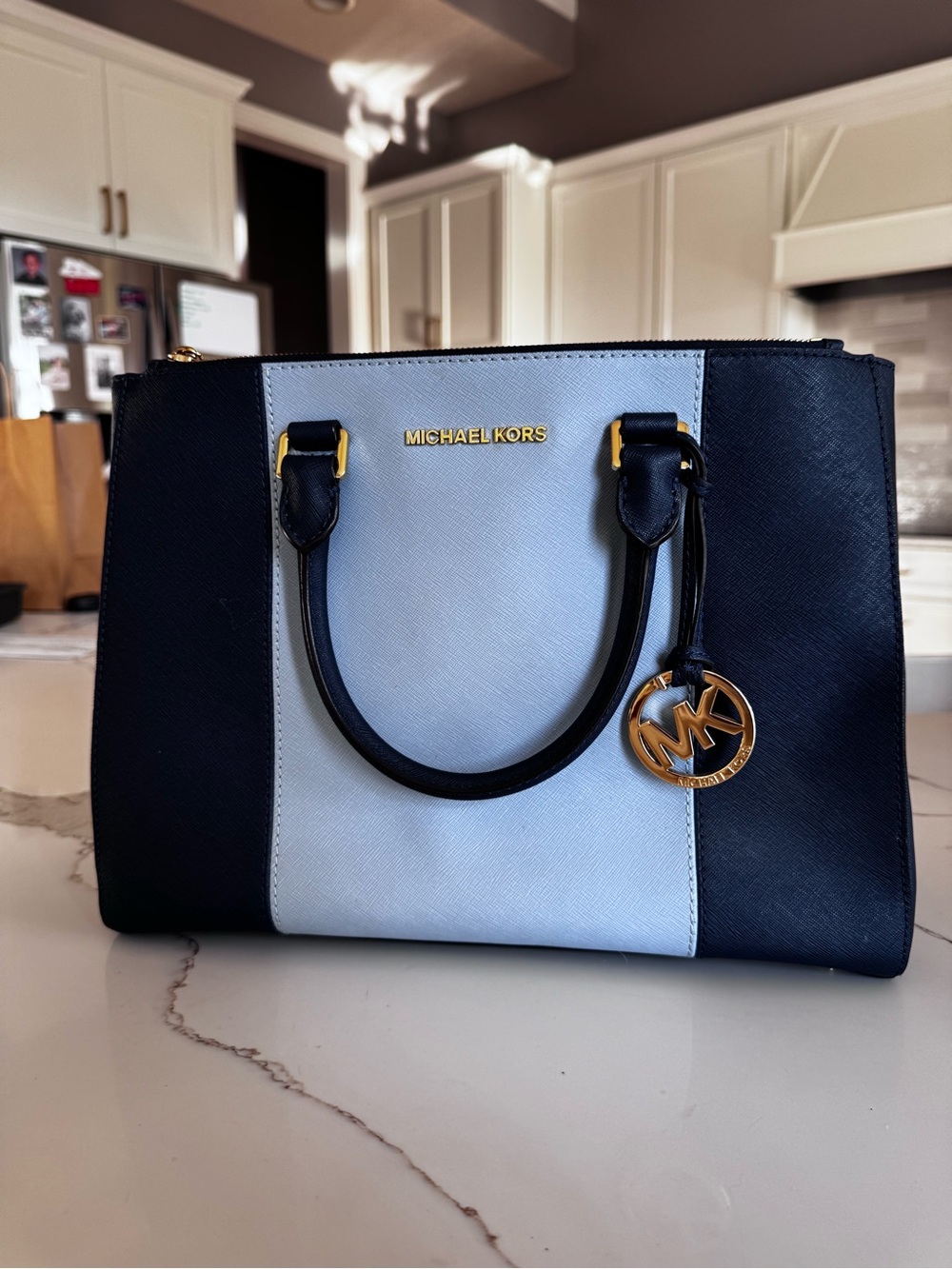 Michael Kors Black and Light Blue Colorblock Saffiano Satchel